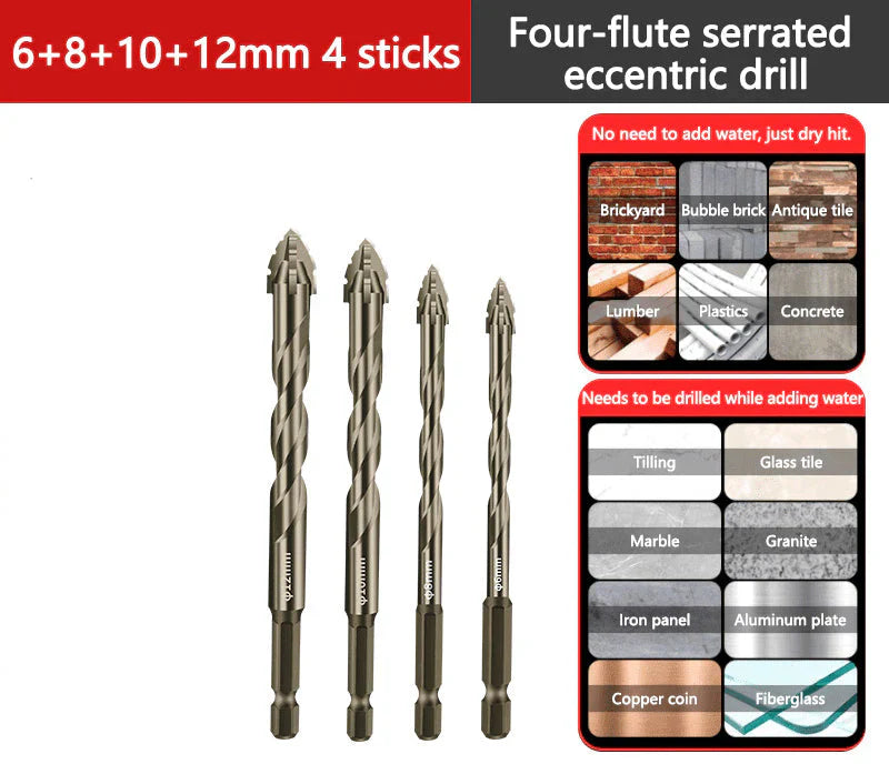 High-Strength 4-Flute Serrated Eccentric Drill Bit Kit | Heavy Duty Tool Set